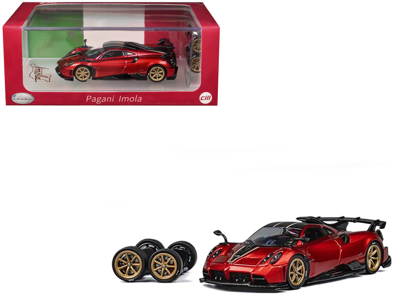 Pagani Imola Red Metallic with Carbon Top and Stripes with Extra Wheels 1/64 Diecast Model Car CM Model CM64-IMOLA-05