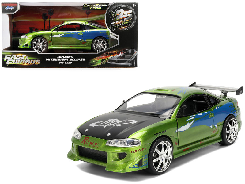 Brian's Mitsubishi Eclipse Green Color Brush Finish with Graphics The Fast and the Furious 2001 Movie Fast & Furious Series 1/24 Diecast Model Car Jada 36817