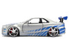 Brian's Nissan Skyline GT-R R34 RHD Right Hand Drive Silver Color Brush Finish with Blue Stripes 2 Fast 2 Furious 2003 Movie Fast & Furious Series 1/24 Diecast Model Car Jada 36818