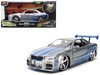 Brian's Nissan Skyline GT-R R34 RHD Right Hand Drive Silver Color Brush Finish with Blue Stripes 2 Fast 2 Furious 2003 Movie Fast & Furious Series 1/24 Diecast Model Car Jada 36818