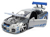 Brian's Nissan Skyline GT-R R34 RHD Right Hand Drive Silver Color Brush Finish with Blue Stripes 2 Fast 2 Furious 2003 Movie Fast & Furious Series 1/24 Diecast Model Car Jada 36818
