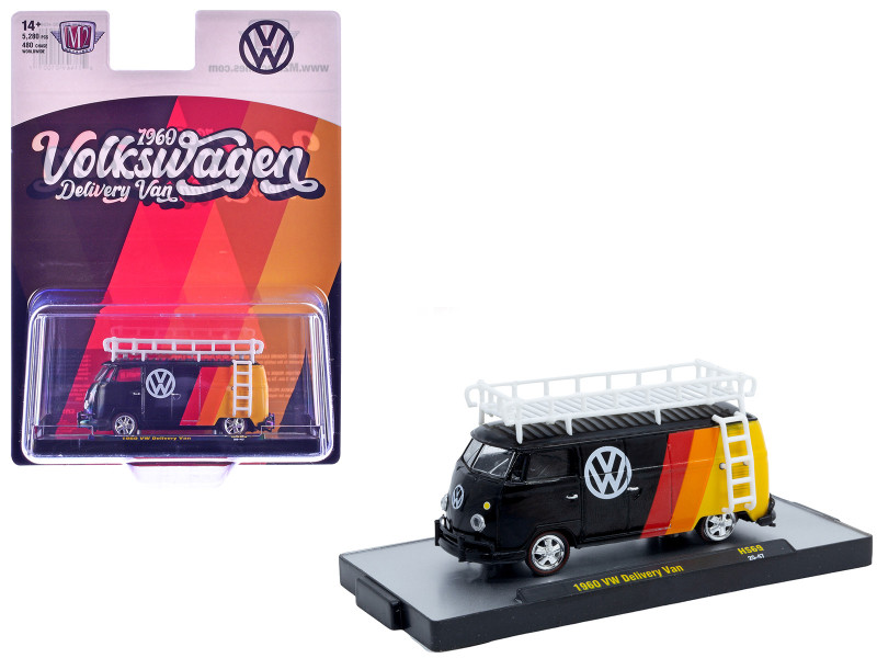 1960 Volkswagen Delivery Van Black with Stripes and White Roof Rack Limited Edition to 5280 pieces Worldwide 1/64 Diecast Model Car M2 Machines 31500-HS69