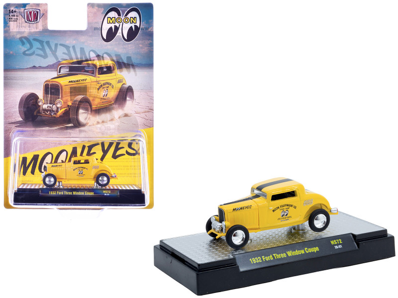 1932 Ford Three-Window Coupe MoonEyes Yellow with Black Stripe Limited Edition to 4400 pieces Worldwide 1/64 Diecast Model Car M2 Machines 31500-HS72