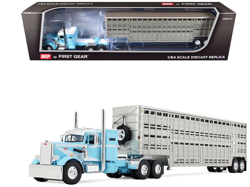 Peterbilt 351 with 36 Vintage Sleeper and 45' Wilson Vintage Livestock Trailer Light Blue with White Stripes 1/64 Diecast Model DCP/First Gear 60-1816