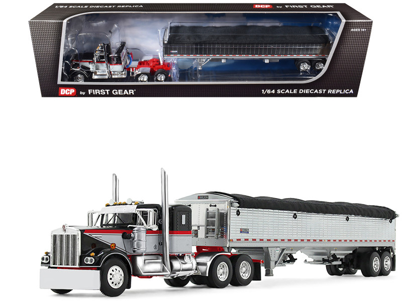 Kenworth W900A with 36 Sleeper and 43' Wilson Pacesetter Grain Trailer Black and Gray with Viper Red Stripes 1/64 Diecast Model DCP/First Gear 60-2137