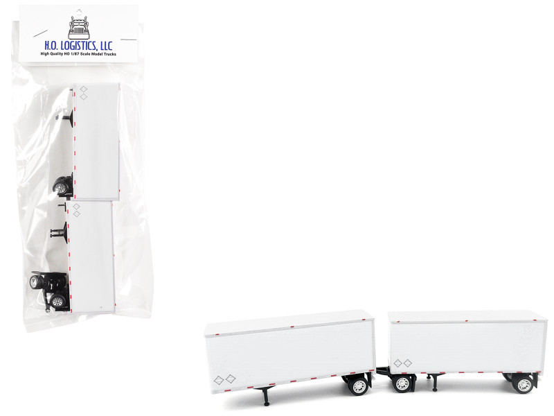 28' Dry Van Double Pup Trailers White Set of 2 pieces 1/87 HO Scale Plastic Model HO Logistics HL-149