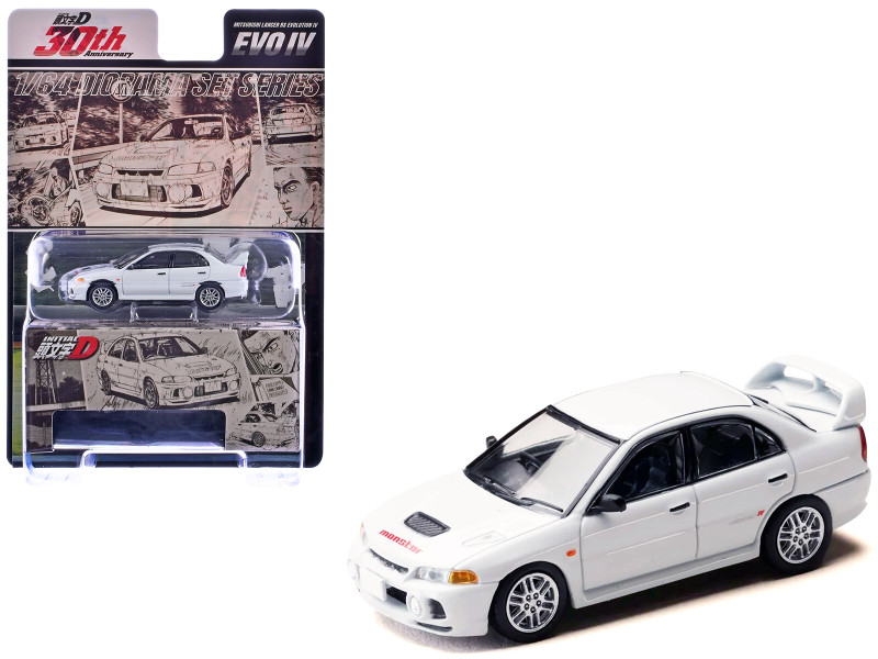 Mitsubishi Lancer RS Evolution IV RHD Right Hand Drive MonStar White Initial D 1995-2013 Manga Diorama Set Series 1/64 Diecast Model car Hobby Japan HJDMD005