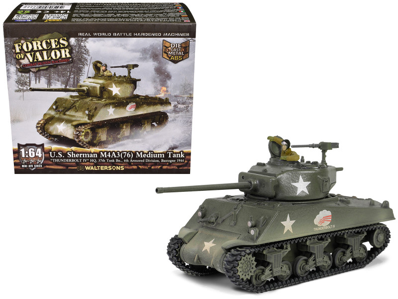 U.S. Sherman M4A3(76) Medium Tank THUNDERBOLT IV 37th Tank Battalion 4th Armored Division Bastogne 1944 United States Army Mini AFV Series 1/64 Diecast Model Forces of Valor FOV-805101
