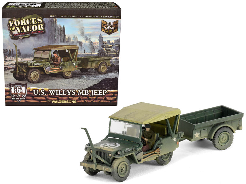 Willys MB Jeep with Trailer Olive Drab Weathered with Driver Figure United States Army Mini AFV Series 1/64 Diecast Model Forces of Valor FOV-805104