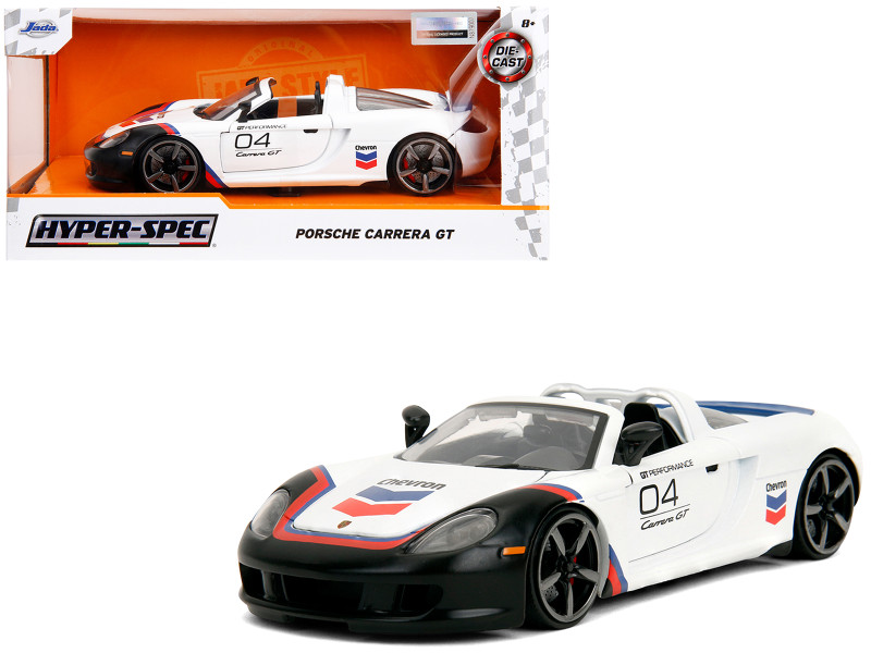 Porsche Carrera GT Convertible #04 Chevron White with Graphics Hyper-Spec Series 1/24 Diecast Model Car Jada 35136