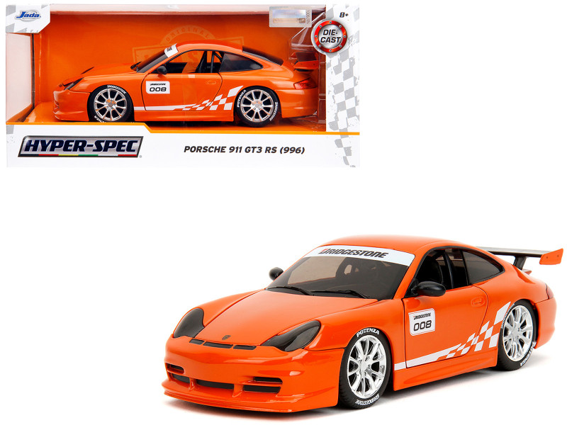 Porsche 911 GT3 RS (996) #008 Bridgestone Orange Metallic with White Graphics Hyper-Spec Series 1/24 Diecast Model Car Jada 35138
