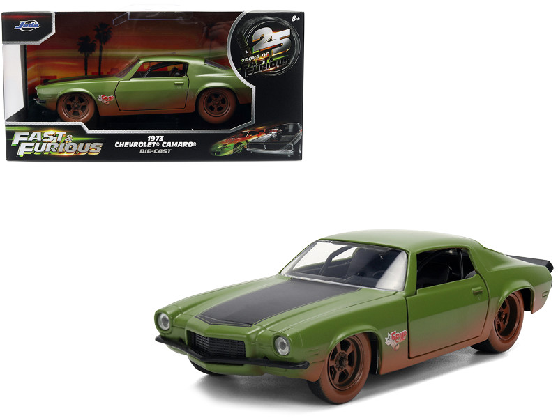 Dom's 1973 Chevrolet Camaro F-Bomb Matt Green Dirty Version with Black Hood Stripe Fast & Furious 2009 Movie Fast & Furious 25 Years Series 1/32 Diecast Model Car Jada 36393