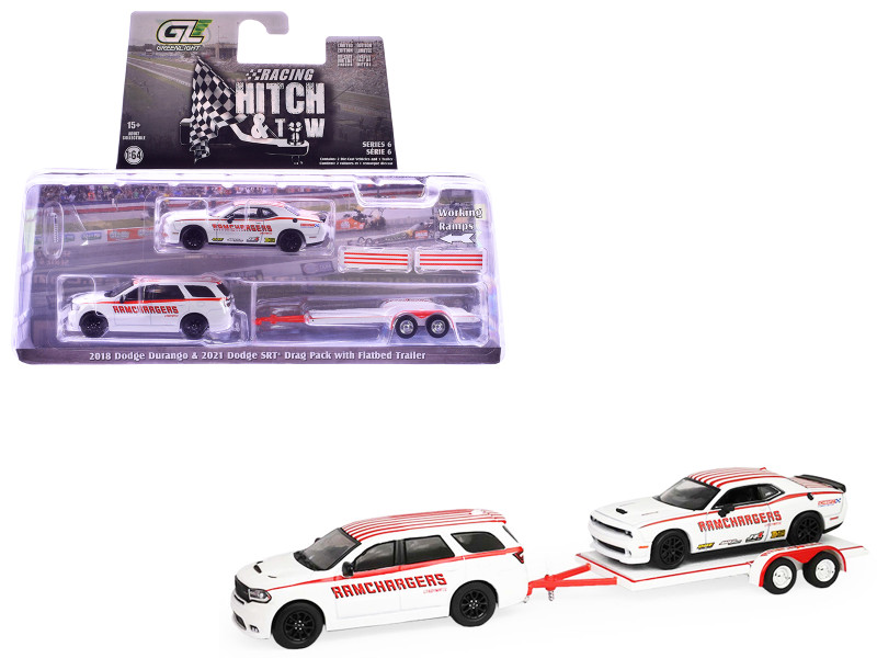 2018 Dodge Durango White with Red Stripes and 2021 Dodge Challenger SRT White with Red Stripes Ramchargers with Flatbed Trailer Racing Hitch & Tow Series 6 1/64 Diecast Model Cars Greenlight 31190B