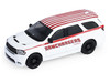 2018 Dodge Durango White with Red Stripes and 2021 Dodge Challenger SRT White with Red Stripes Ramchargers with Flatbed Trailer Racing Hitch & Tow Series 6 1/64 Diecast Model Cars Greenlight 31190B