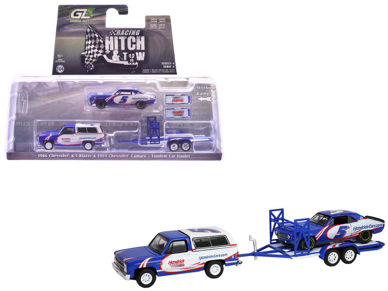 1986 Chevrolet K5 Blazer Blue and White and 1969 Chevrolet Camaro #5 Blue and White Kyle Larson Hendrick Motorsports with Tandem Car Trailer Racing Hitch & Tow Series 6 1/64 Diecast Model Cars Greenlight 31190C