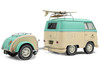 2024 Volkswagen Cool Combi Van with Trailer Long Beach Surfing Club Mint Green and Cream with Roof Rack and Surfboard 1/18 Diecast Model Car Solido S1810905