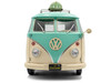 2024 Volkswagen Cool Combi Van with Trailer Long Beach Surfing Club Mint Green and Cream with Roof Rack and Surfboard 1/18 Diecast Model Car Solido S1810905