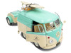 2024 Volkswagen Cool Combi Van with Trailer Long Beach Surfing Club Mint Green and Cream with Roof Rack and Surfboard 1/18 Diecast Model Car Solido S1810905