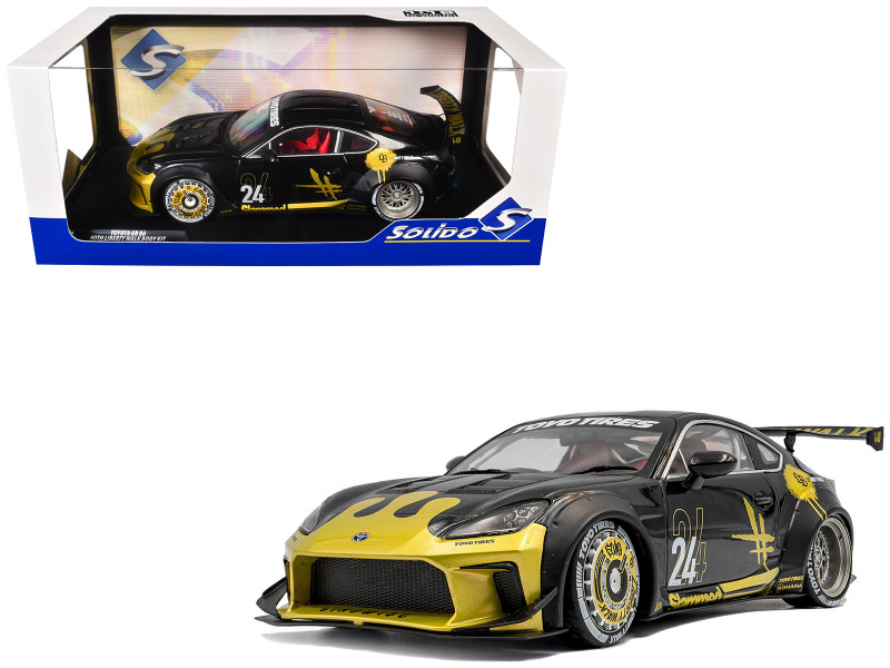 2024 Toyota GR86 Liberty Walk Body Kit RHD Right Hand Drive #24 Black with Gold Graphics 1/18 Diecast Model Car Solido S1813603