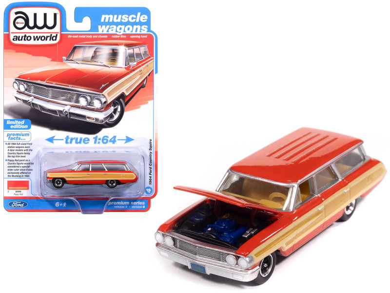 1964 Ford Country Squire Poppy Red with Woodgrain Sides Muscle Wagons Series 1/64 Diecast Model Car Auto World 64522-AWSP205B