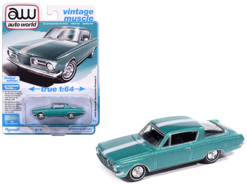 1965 Plymouth Barracuda Formula S Turquoise Metallic with White Stripe Vintage Muscle Series 1/64 Diecast Model Car Auto World 64522-AWSP207A