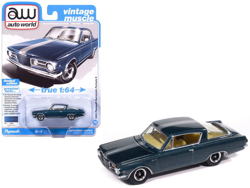 1965 Plymouth Barracuda Formula S Dark Blue Metallic with Silver Stripe Vintage Muscle Series 1/64 Diecast Model Car Auto World 64522-AWSP207B