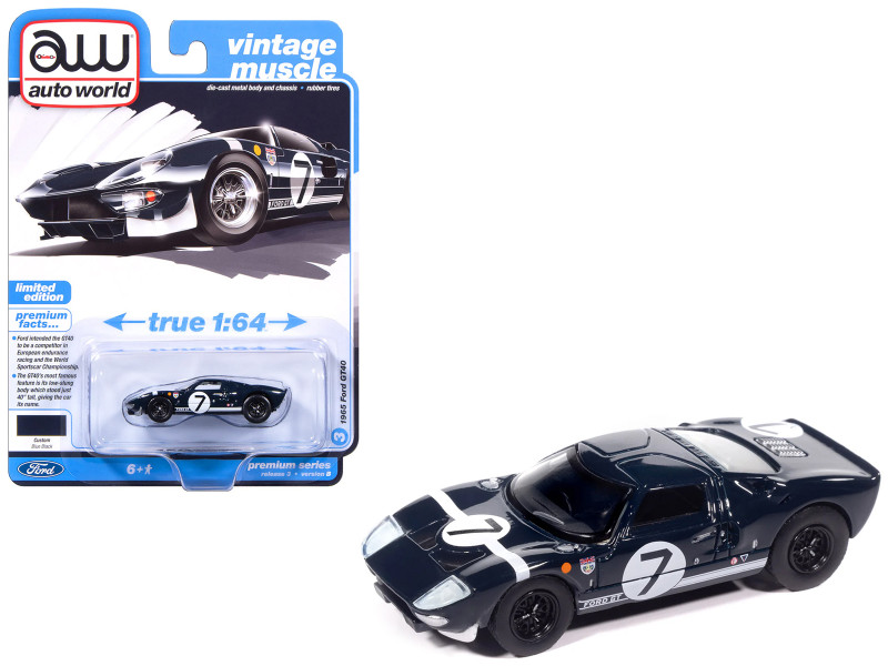 1965 Ford GT40 #7 Blue Black with White Stripes Vintage Muscle Series 1/64 Diecast Model Car Auto World 64522-AWSP208B
