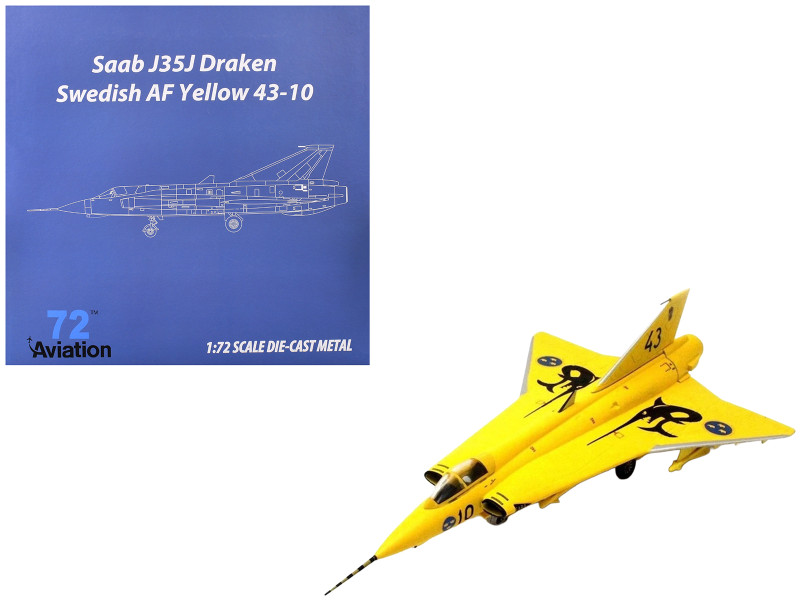 Saab J35J Draken Fighter Aircraft 43 10 3 Johan Gul Squadron 10 Wing Final Flight Livery 1997 Swedish Air Force 1/72 Diecast Model Airplane Aviation 72 AV72-41009