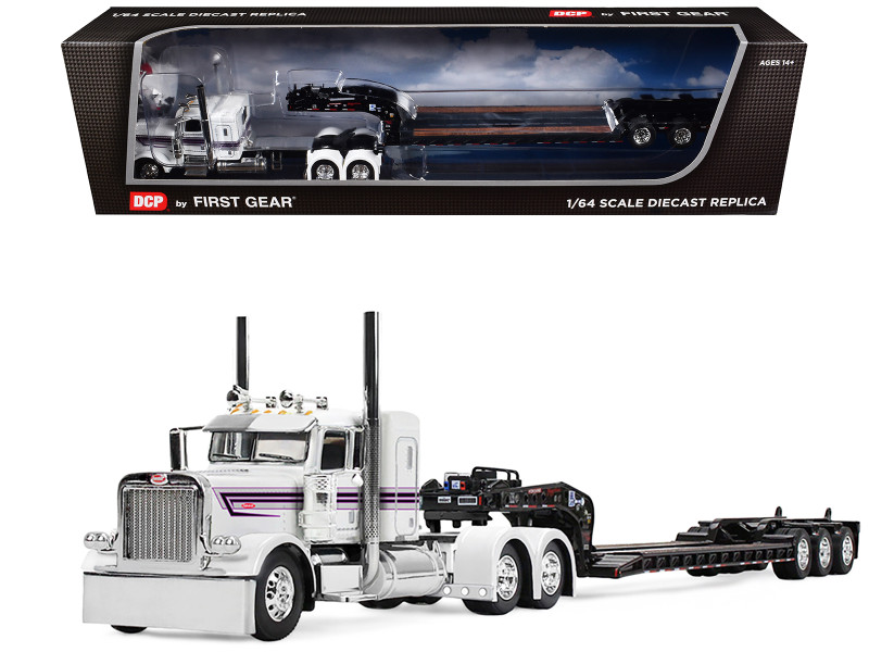 Peterbilt 389 with 36 Flat Top Sleeper and Fontaine Magnitude Lowboy Trailer White with Black Stripes 1/64 Diecast Model DCP/First Gear 60-2191