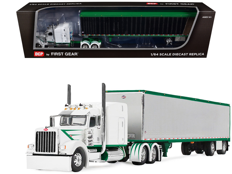 Peterbilt 389 with 63 Mid Roof Sleeper and 53 Utility Trailer White with Green Stripes 1/64 Diecast Model DCP/First Gear 60-2192