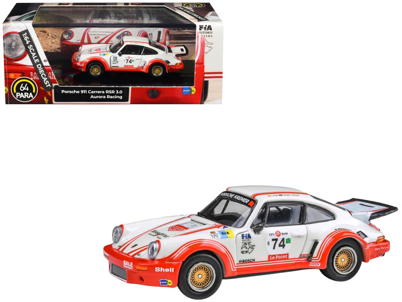 Porsche 911 Carrera RSR 3.0 #74 Aurora Racing White with Red Stripes 1/64 Diecast Model Car Paragon PA-55798