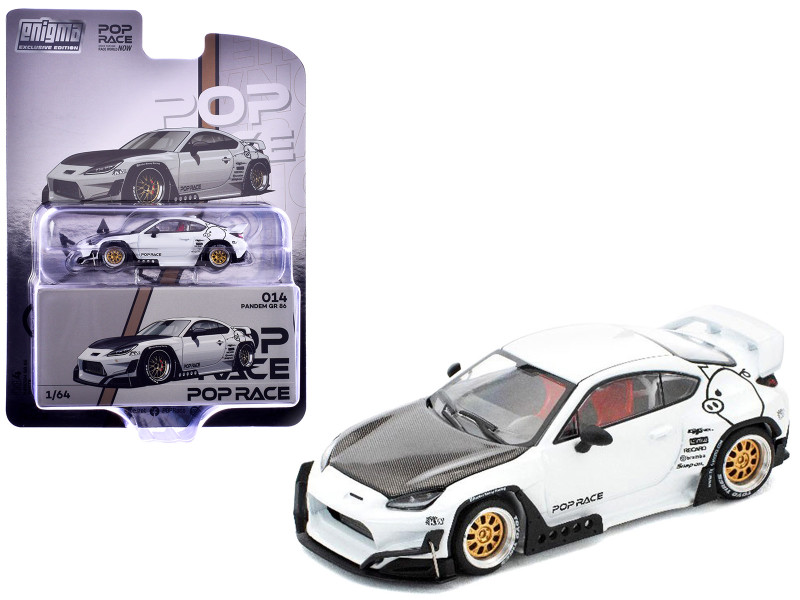 Toyota Pandem GR86 White with Carbon Hood Enigma Exclusive Edition 1/64 Diecast Model Car Pop Race PR64-PRE014