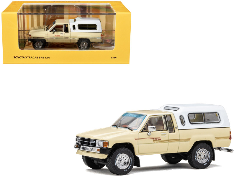 Toyota XtraCab SR5 4x4 Pickup Truck Beige with White Camper Shell DiecastTalk Exclusive Limited Edition to 1008 pieces Worldwide 1/64 Diecast Model Car GCD DTG0020-BEI
