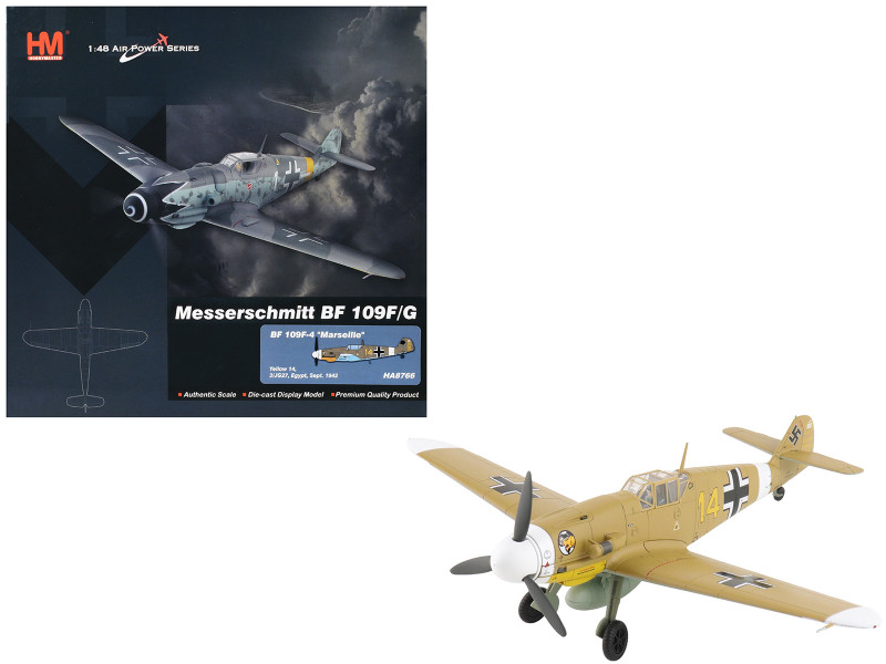 Messerschmitt Bf 109F-4 Fighter Aircraft Marseille Yellow 14 3./JG27 Egypt 1942 German Luftwaffe Air Power Series 1/48 Diecast Model Hobby Master HA8766