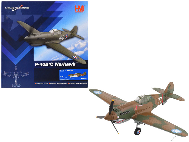 Curtiss P-40B Hawk 81-A2 Fighter-Bomber Aircraft No.77 Robert Smith 3rd Pursuit Squadron 1941 American Volunteer Group in China Air Power Series 1/48 Diecast Model Hobby Master HA9207