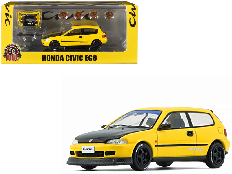 Honda Civic EG6 RHD Right Hand Drive Yellow with Carbon Hood with Alternates 1/64 Diecast Model Car BM Creations 64B0483