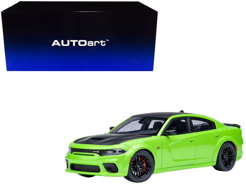 Dodge Charger Scat Pack Widebody Sublime Green with Matt Black Hood and Top 1/18 Model Car Autoart 71758