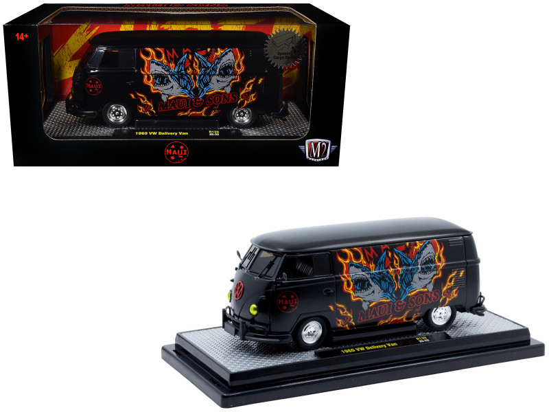 1960 Volkswagen Delivery Van Maui & Sons Black with Graphics Limited Edition to 4050 pieces Worldwide 1/24 Diecast Model Car M2 Machines 40300-139B
