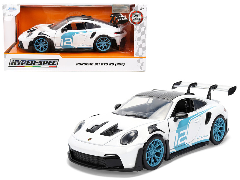 Porsche 911 GT3 RS 992 #12 White with Blue Stripes and Carbon Top Hyper Spec Series 1/24 Diecast Model Car Jada 36494
