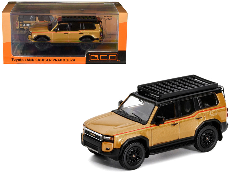 2024 Toyota Land Cruiser Prado Gold Metallic with Red Stripes and Roof Rack 1/64 Diecast Model Car GCD KS-075-580