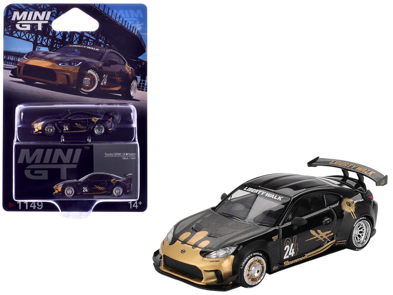 Toyota GR86 LB-Nation - Liberty Walk #24 Black with Carbon Hood and Gold Graphics Limited Edition 1/64 Diecast Model Car Mini GT MGT01149