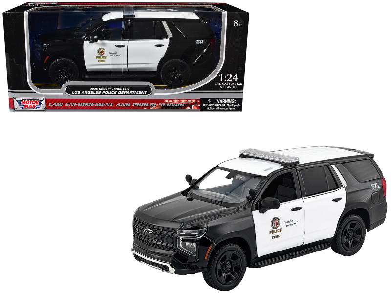 2025 Chevrolet Tahoe Police Pursuit Vehicle Los Angeles Police Department LAPD Black and White Law Enforcement and Public Service Series 1/24 Diecast Model Car Motormax 76636