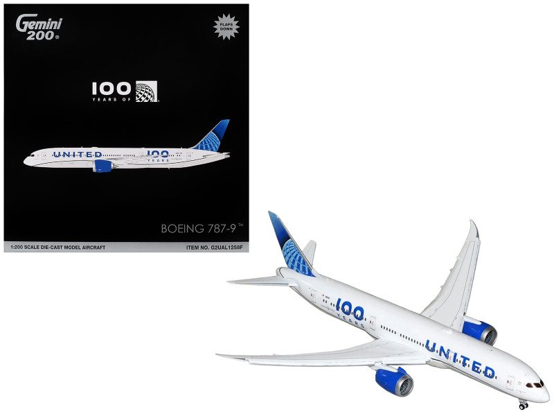 Boeing 787-9 Commercial Aircraft with Flaps Down United Airlines 100 Years N61101 White with Graphics and Blue Tail Gemini 200 Series 1/200 Diecast Model GeminiJets G2UAL1258F