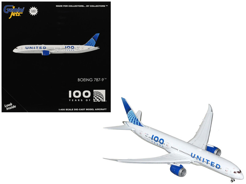 Boeing 787-9 Commercial Aircraft with Flaps Down United Airlines 100 Years N61101 White with Graphics and Blue Tail 1/400 Diecast Model GeminiJets GJUAL2228F