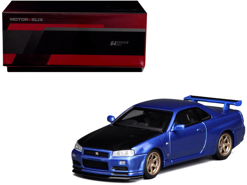 Nissan Skyline GT R R34 V Spec II RHD Right Hand Drive Bayside Blue Metallic with Carbon Hood Senior 64 Series 1/64 Diecast Model Car MotorHelix M63450-HK