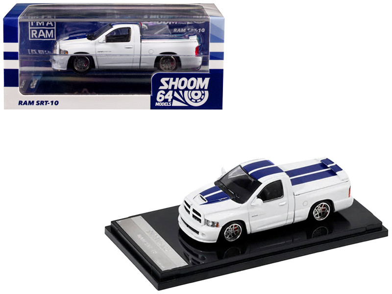 2003 Dodge Ram SRT 10 Pickup Truck White with Blue Stripes 1/64 Diecast Model Car Shoom64 Models SHOOM-103-005