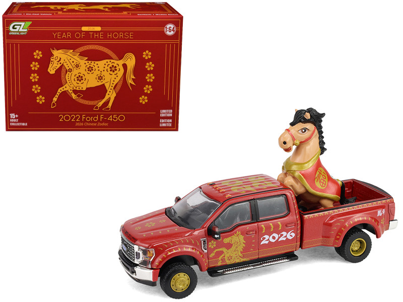 2022 Ford F 450 Dually Pickup Truck Chinese Zodiac 2026 Year of the Horse Red with Gold Graphics and Horse Figure Hobby Exclusive Series 1/64 Diecast Model Car Greenlight GL30577