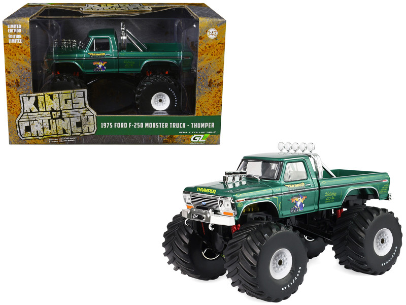 1975 Ford F 250 Monster Truck with 66 Inch Tires Thumper Green Metallic Kings of Crunch Series 1/43 Diecast Model Car Greenlight 88053