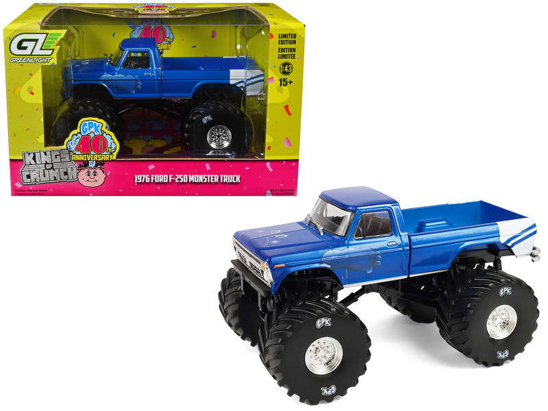 1976 Ford F 250 Monster Truck Garbage Pail Kids 40th Anniversary Buck Truck Blue Metallic with Graphics Kings of Crunch Series 1/43 Diecast Model Car Greenlight 88062