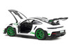 2022 Porsche 911 GT3 RS Weissach Pack White with Green Stripes And Carbon Hood and Top 1/18 Diecast Model Car Norev 187372